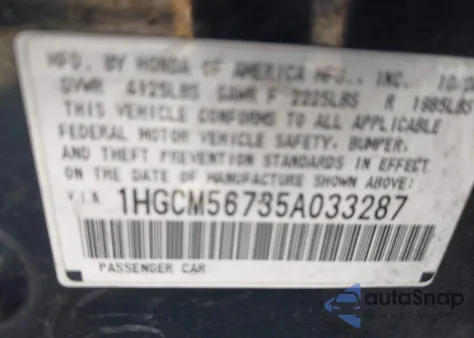 2005 Honda Accord 2.4 Ex из США, поврежденный, VIN 1HGCM56735A033287